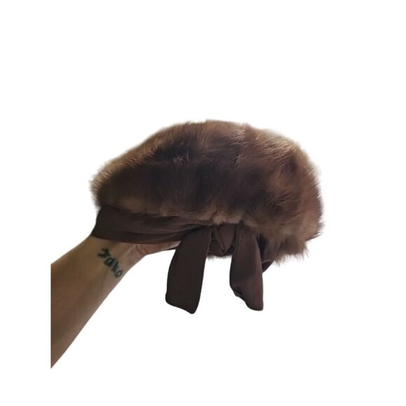 Vintage Mink Brown Pill box Fur Beret Hat with Bow O/S main image 6